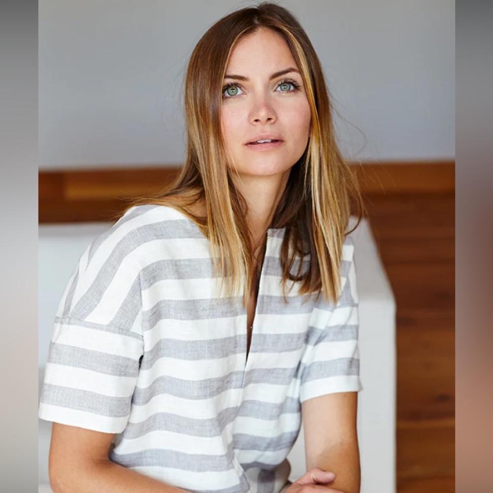 100% Linen White & Gray Stripe Drop Shoulder Shift Dress- Lux Italian Linen